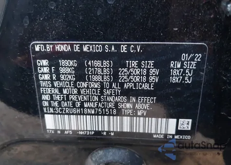 2022 Honda Hr-V Awd Sport from USA, damaged, VIN 3CZRU6H18NM751518